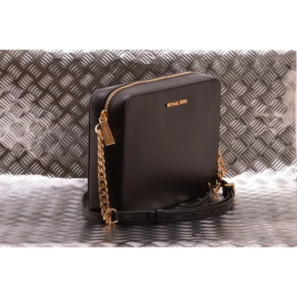 Michael Kors Jet Set Saffiano Leather Crossbody Bag in Black w Gold Hardware NWT